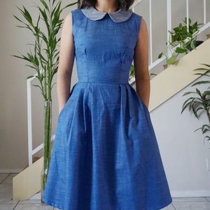 Blue midi peter pan collar dress with pockets